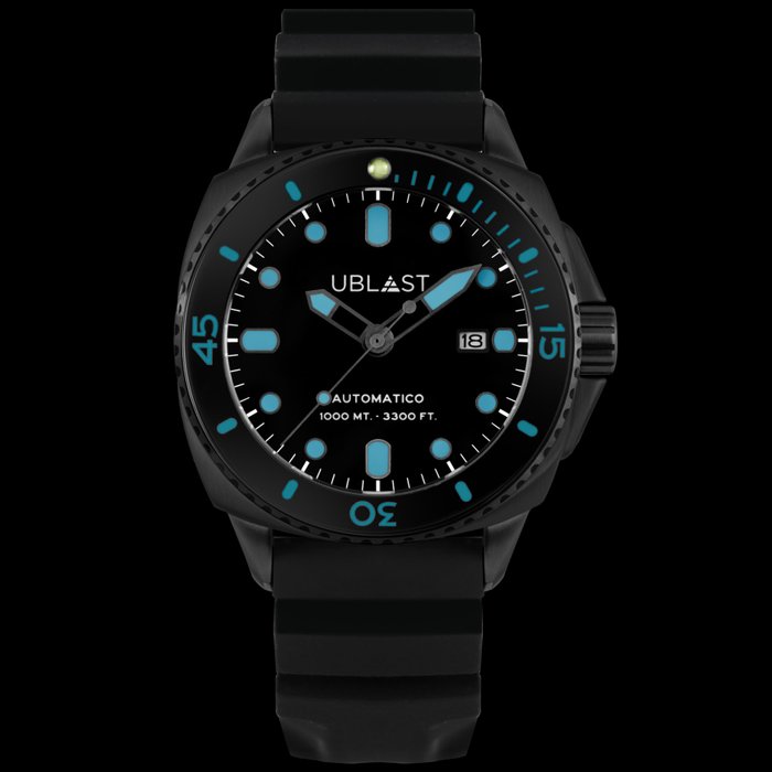 Ublast® - SeaStrong All Black Turquoise - Rubber Strap - UBSS46CBB - Homme - Nouveau
