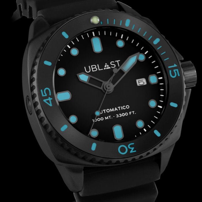Preview of the first image of Ublast - SeaStrong All Black Turquoise - Rubber Strap - UBSS46CBB - Sub 100 ATM - - Men - New.