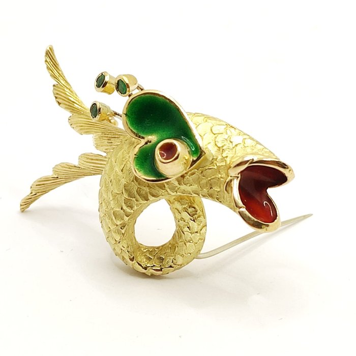 Preview of the first image of 18 kt. Yellow gold - Brooch Emerald.
