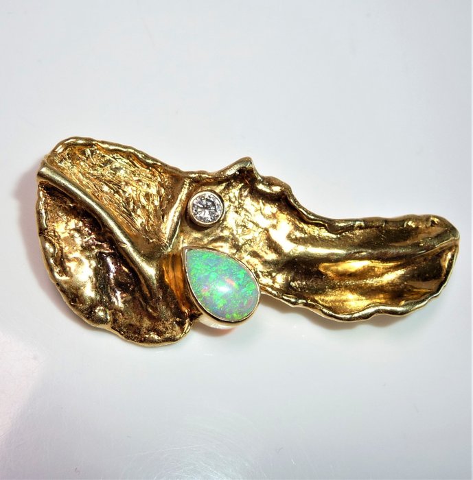 Image 2 of Unikat - 14 kt. Yellow gold - Brooch, Pendant - 0.20 ct Diamond - 1.50 cents. Australian full opal