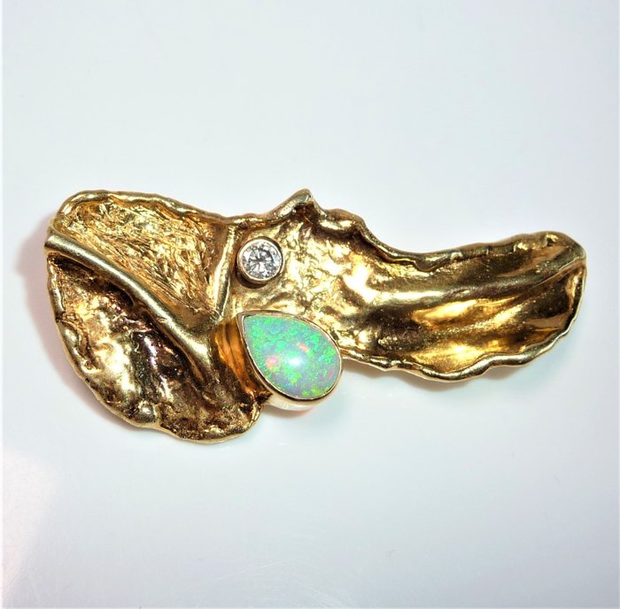 Pendant - 14 kt. Yellow gold Diamond  (Natural) - Opal - Australian Opal