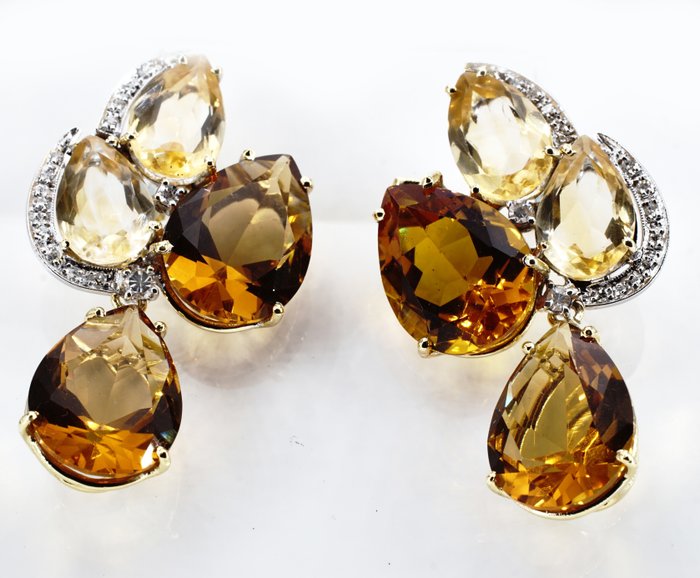 Preview of the first image of 14 kt. Gold - Earrings - 40.00 ct Citrine - Diamonds.