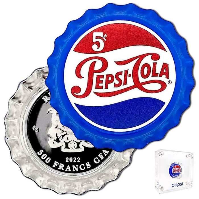 Chad. 500 Francs Pepsi® Kronkorken 999 Silbermünze Retro Design Polierte Platte Box & Zertifikat