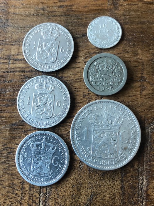 Netherlands. Wilhelmina (1890-1948). 5 Cent/1 Gulden 1903/1914 (6 stuks waarvan 5 x zilver)