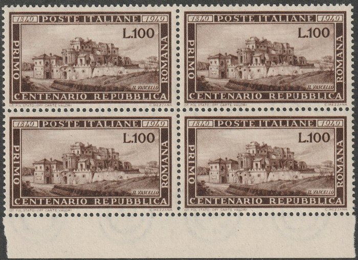 Preview of the first image of Italian Republic 1949 - Roman Republic 100 l. brown, sheet margin block of four, centred, intact, r.