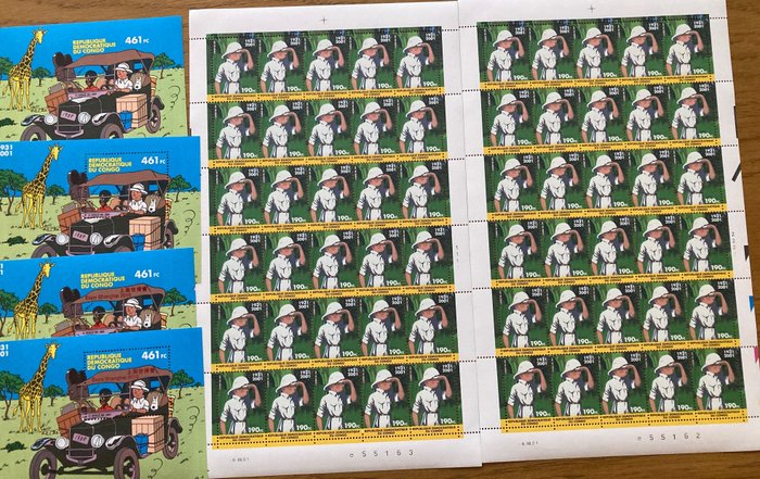 Congo Belgian 2001 - Tintin în Congo: 2 foi complete cu numerele de plăcuță 1 și 2 și blocuri zimțate/necretate - OBP/COB 2092 + BL205/205A in 2 versies