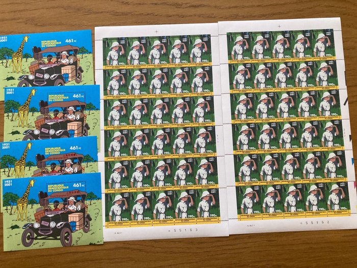 Image 2 of Belgian Congo 2001 - Tintin in Congo: two full sheets with plate numbers 1&2 and blocks perforate a