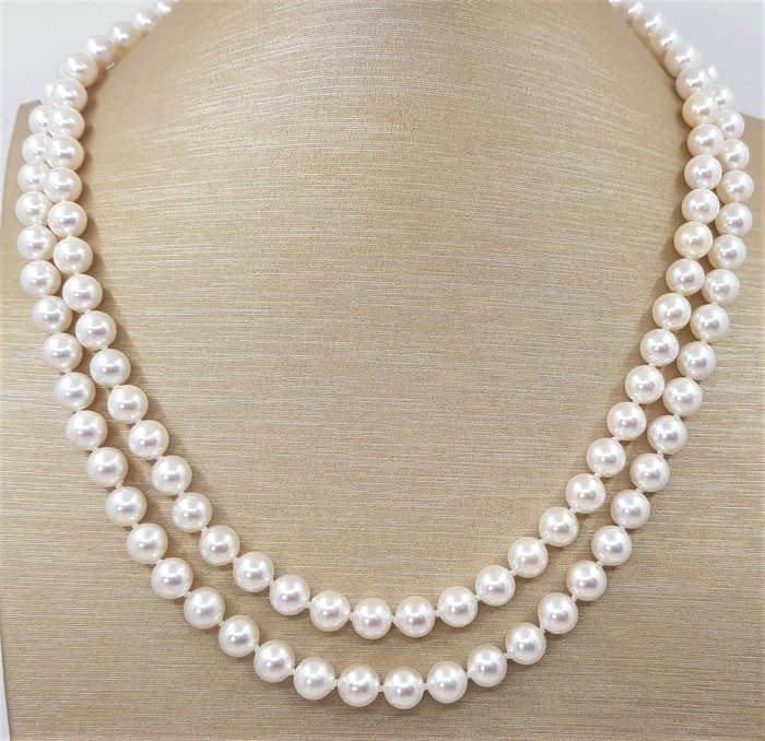 Preview of the first image of Double 2 Row - 6.5x7mm Bright - 925 Akoya pearls, Silver - Necklace.