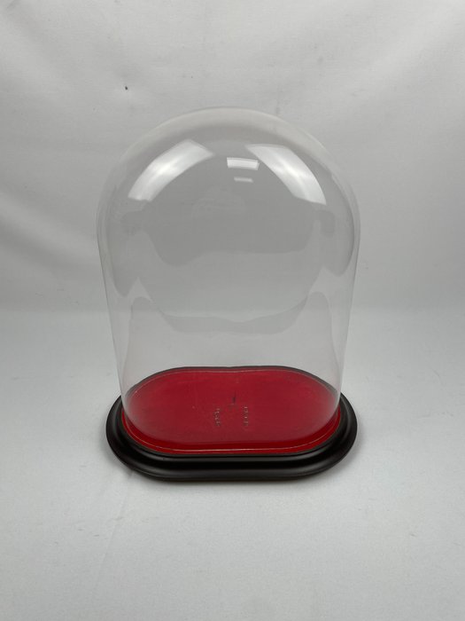 Stor, oval, antik glaskupol - glasfall - glashuva - glasklocka - med sockel (trä) - höjd med sockel ca 39 cm - handblåst glas