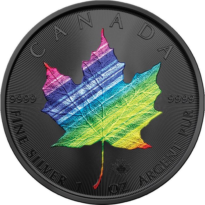 Canadá. 5 Dollars 2022 Maple Leaf - Rainbow Holographic Edition, 1 Oz (.999)  (Sem preço de reserva)