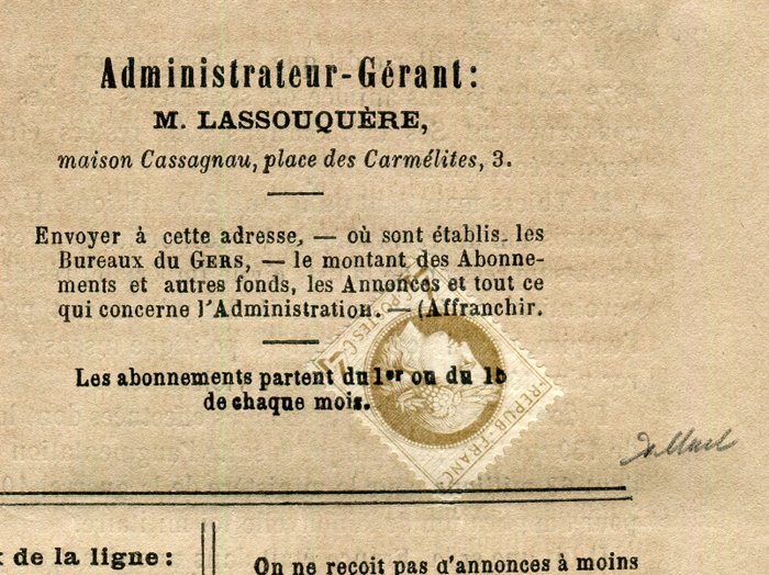 Frankreich 1872 - Seltenes Journal Le Gers affranchi mit Nr. 52, typografischer Oblitation - Rare Journal Le Gers affranchi avec un n° 52 Oblitération Typographique