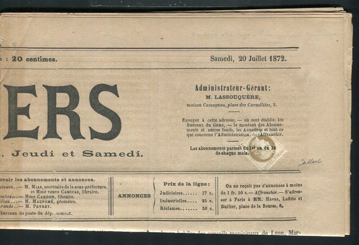 Preview of the first image of France 1872 - Rare Journal Le Gers affranchi avec un n° 52 Oblitération Typographique.