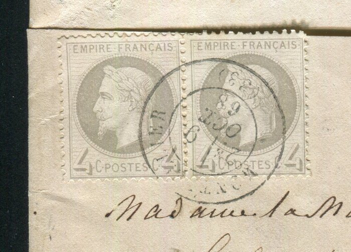 Image 2 of France 1868 - Rare Imprimé & sa Bande Journal de Montpellier avec une paire de n° 27