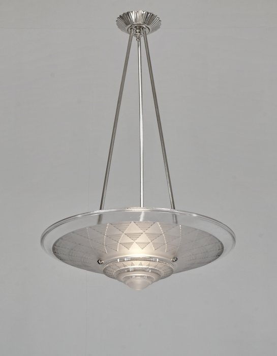 a large French art deco pendant light by Petitot - Kronleuchter - Glas, vernickeltes massives Messing