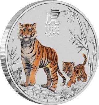 Austrália. 1 Dollar 2022 Lunar III - Tiger, 1 Oz (.999)  (Sem preço de reserva)