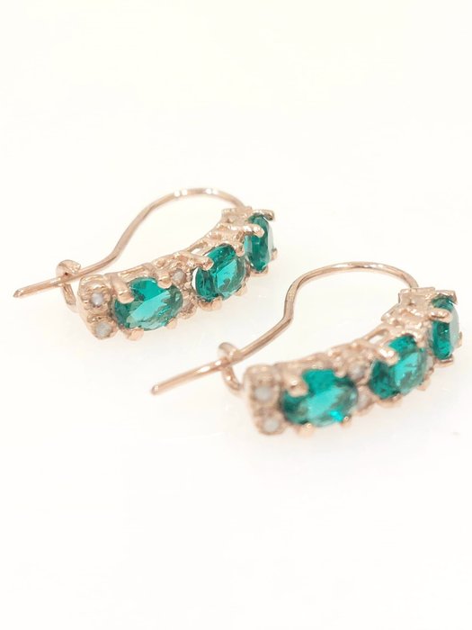 Preview of the first image of 9 kt. Pink gold - Earrings - 0.20 ct Emerald - Diamonds.