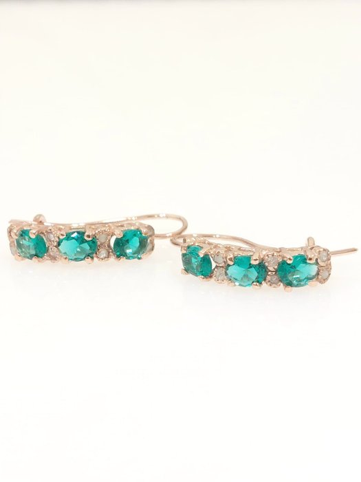 Image 2 of 9 kt. Pink gold - Earrings - 0.20 ct Emerald - Diamonds