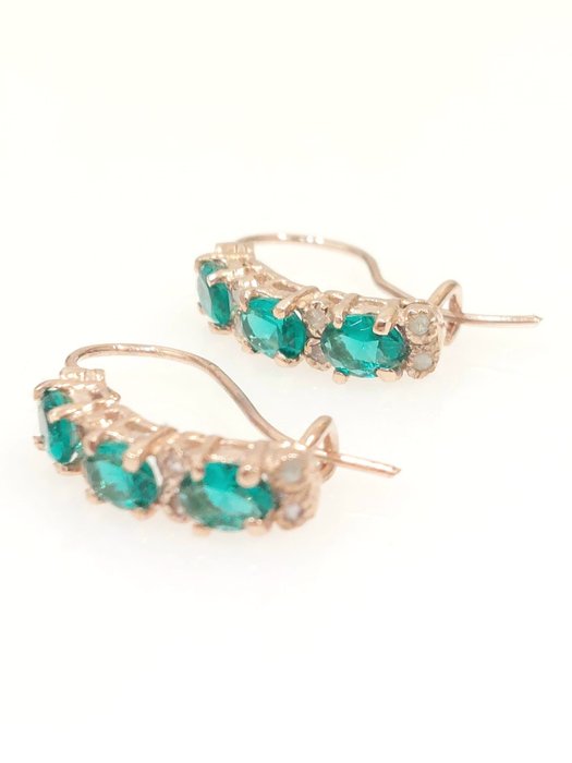 Image 3 of 9 kt. Pink gold - Earrings - 0.20 ct Emerald - Diamonds