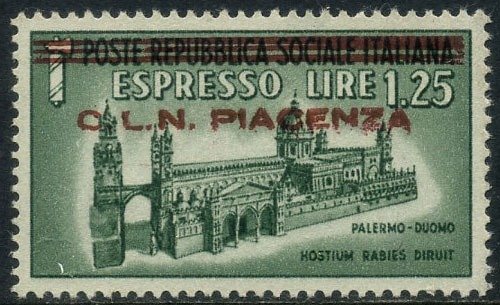 Italie 1945 - CLN Plaisance. Espresso L. 1,25 en surimpression. Edition de 125 pièces. Certificat.