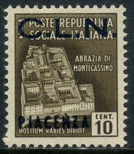 義大利 1945 - CLN 皮亞琴察，10 美分棕褐色。正版125冊。證書
