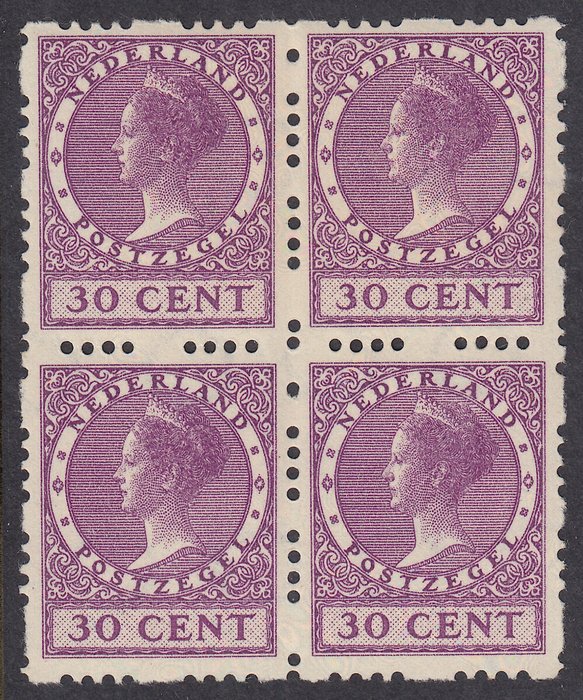 Preview of the first image of Netherlands 1928 - Queen Wilhelmina, type 'Veth', in a block of four with different perforation bet.