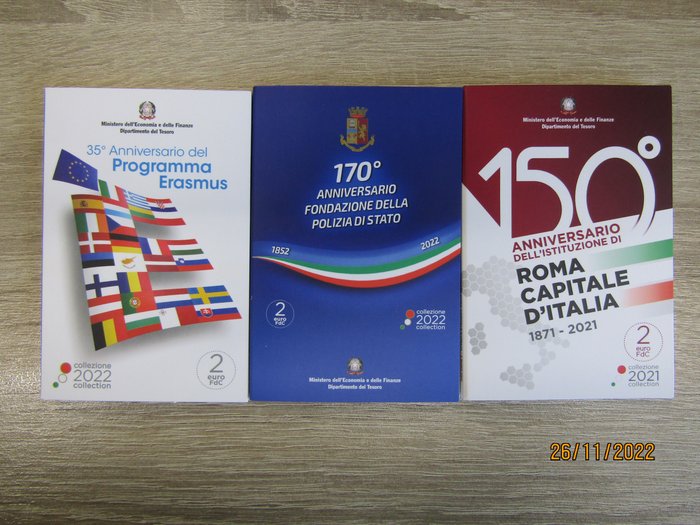 Itália. 2 Euro 2021/2022 (3 verschillende)  (Sem preço de reserva)