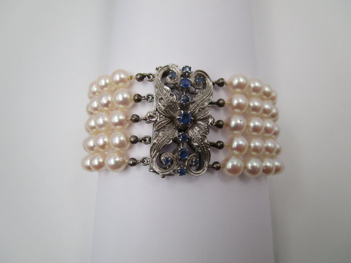 Image 3 of 19cm - 5 Reihen Perlenarmband Ø 6.3mm - 18 kt. Akoya pearls, White gold - Bracelet Sapphire - teste