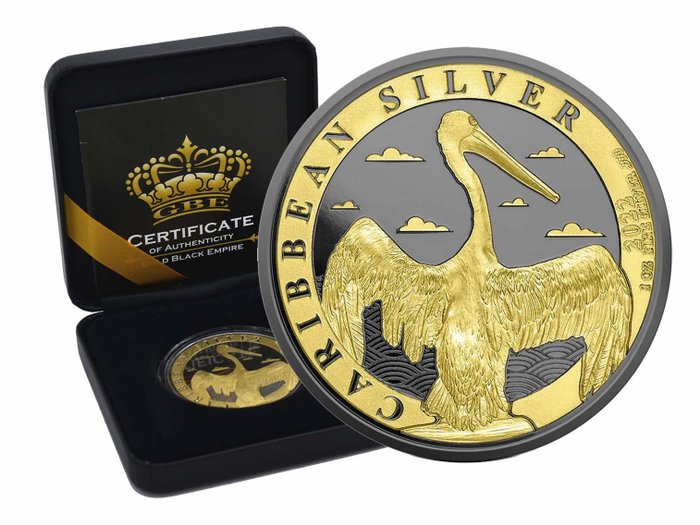 巴巴多斯. 1 Dollar 2022 Caribbean Silver Pelican - Gold Black Empire Edition, 1 Oz (.999)  (没有保留价)