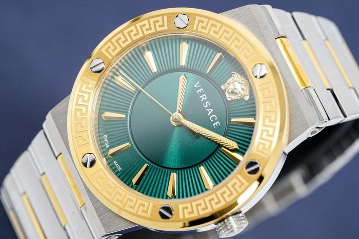 Preview of the first image of Versace - Greca Logo Two-Tone 38mm Green - VEVH00720 - Unisex - 2011-present.