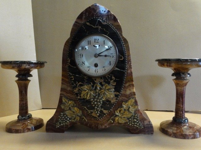 orologio da camino - Pheil Kreutz - Marmo con bronzo - metà del XX secolo