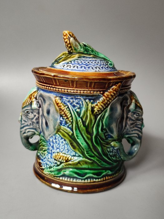 Preview of the first image of Onnaing (attr) - 19th Century Majolica - Elephant Tobacco Jar - Maiolica.