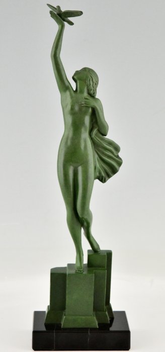 Image 2 of Fayral (Pierre Le Faguays) - Art Deco sculpture nude with bird