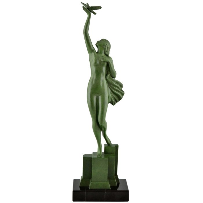 Preview of the first image of Fayral (Pierre Le Faguays) - Art Deco sculpture nude with bird.