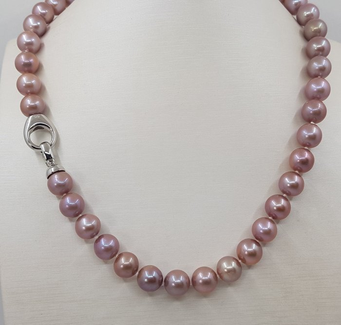 Preview of the first image of No reserve price - 10x11.5mm Pink Edison - 925 Freshwater pearls, Silver - Necklace.