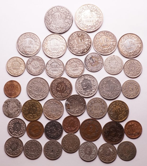 Switzerland. 40 Coins 1850-1948, incl. Contemporary Forgery (?) of 2 Francs 1879