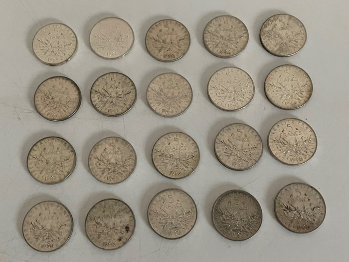 法國. 5 Francs 1960/1965 Semeuse (lot de 20 monnaies)  (沒有保留價)