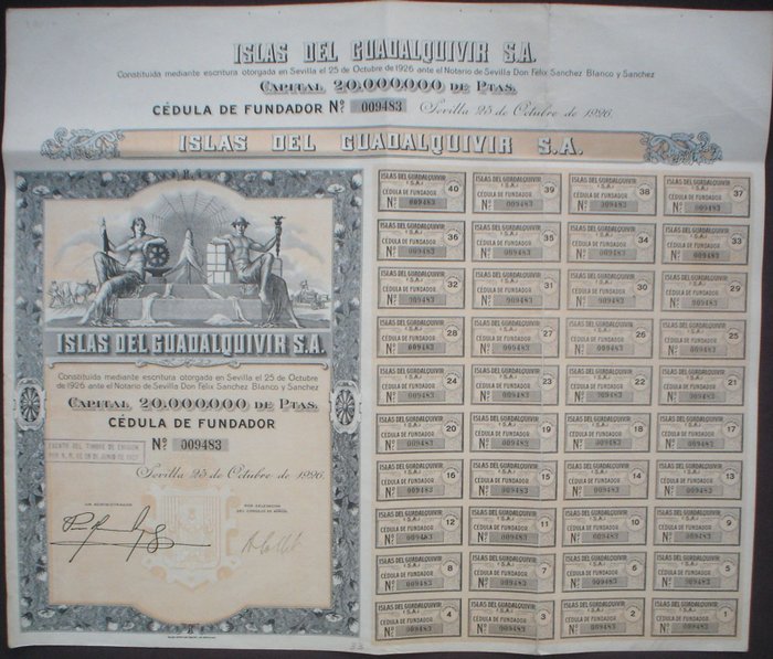 債券或股票系列 - 5x Islas del Guadalquivir S.A. 500 Ptas, 塞維利亞 1926