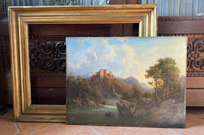 Image 3 of Georg Emil Libert (1820-1908), Attributed to - Paesaggio Tirolese con Castello Fiume e Viandanti