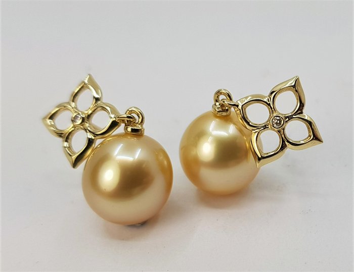Boucles d'oreilles - Perles dorées des mers du Sud 10x11 mm - 14 kt. Or jaune - 0,02 ct 