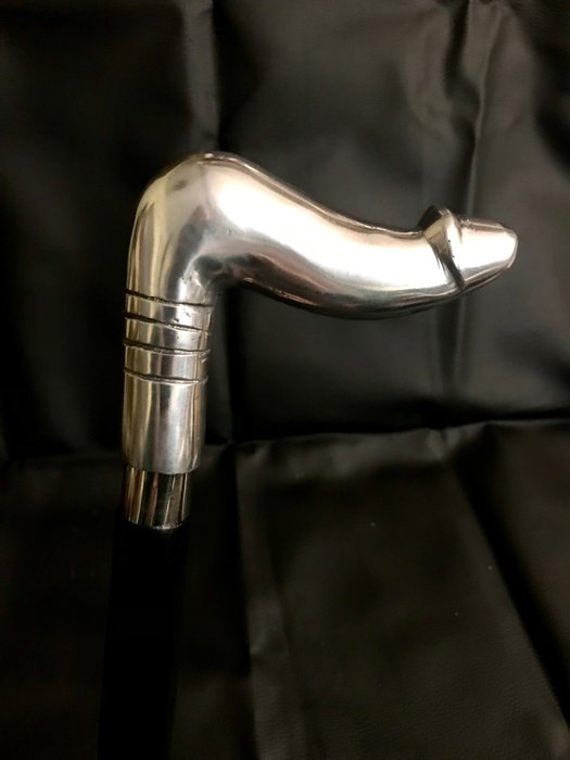 Walking stick - An unusual , novelty , erotic , self defence , walking stick  , designed as a penis - phallus , made - silvered brass
