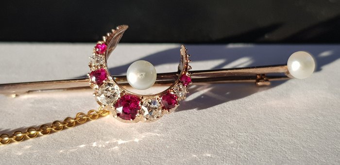 Image 3 of 14 kt. Yellow gold - Brooch Ruby - Diamonds, pearls
