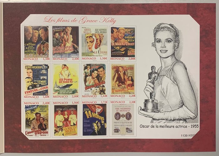 Monaco  - Ritka blokk "The Films of Grace Kelly", az eredeti betétben! Mindössze 4500 példányt adtak ki - Yvert & Tellier bloc n° 106