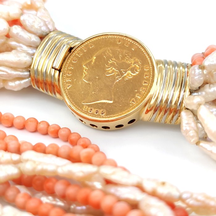 Preview of the first image of 18 kt. Yellow gold - Necklace - Scaramazze pearls - Pink coral - Victoria dei gratia coin 1863.