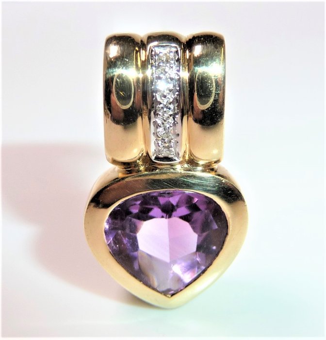 Preview of the first image of Amethyst-Herz - 14 kt. Yellow gold - Pendant - 3.00 ct Amethyst - Pear cut + 0.05 ct. diamonds.