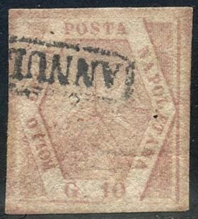 Antiguos Estados de Italia - Nápoles 1858 - 10 granos de carmín rosa, placa II con filigrana Monogram. Experto - Sassone N. 11i