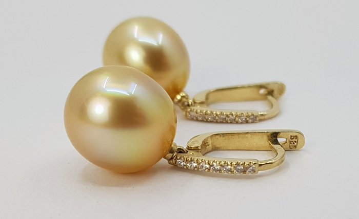Image 3 of 11x12mm Deep Golden South Sea Pearls - 14 kt. Yellow gold - Earrings - 0.11 ct
