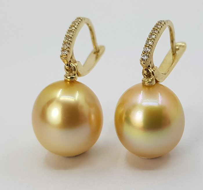 Image 2 of 11x12mm Deep Golden South Sea Pearls - 14 kt. Yellow gold - Earrings - 0.11 ct