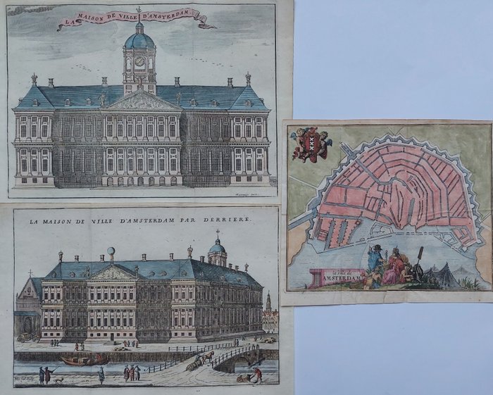 Preview of the first image of Netherlands, Amsterdam; Jacobus Harrewijn - 3 kopergravures; ''La Ville de Amsterdam'', ''Maison de.