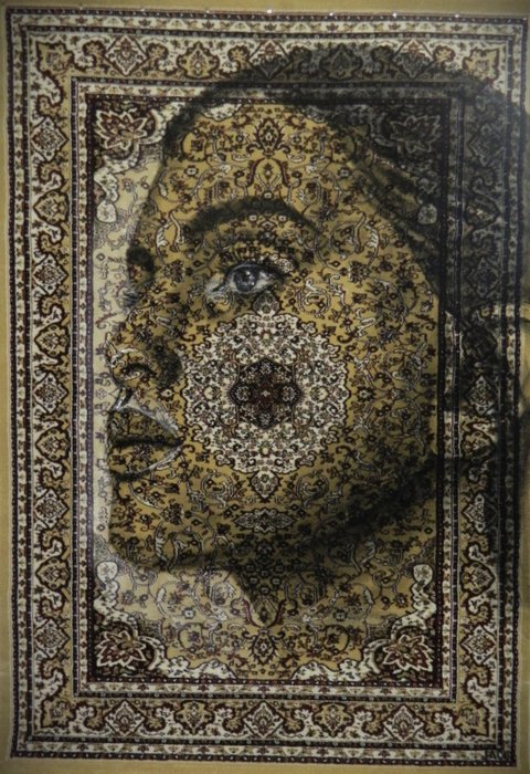 Preview of the first image of Jacqueline Klein Breteler - Portrait on a traditional carpet - XXL.