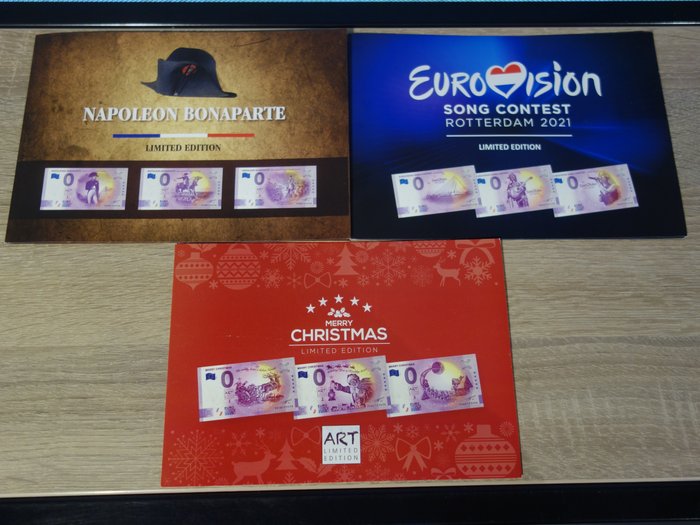 Europa. 0 Euro Banknotes 2021 "Napoleon Bonaparte, Eurovisie Songfestival & Merry Christmas" (3 Limited Edition Giftsets)  (Ingen reservasjonspris)